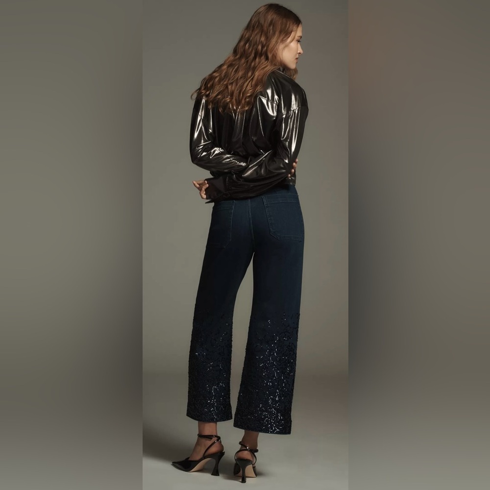 Colette Cropped High-Rise Wide-Leg Jeans by Maeve Sequin Edition size 25 P - Picture 3 of 9
